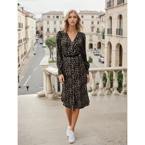 Michael Kors Leopard Print Belted Midi‎ Dress Animal Print Dark Camel P/S